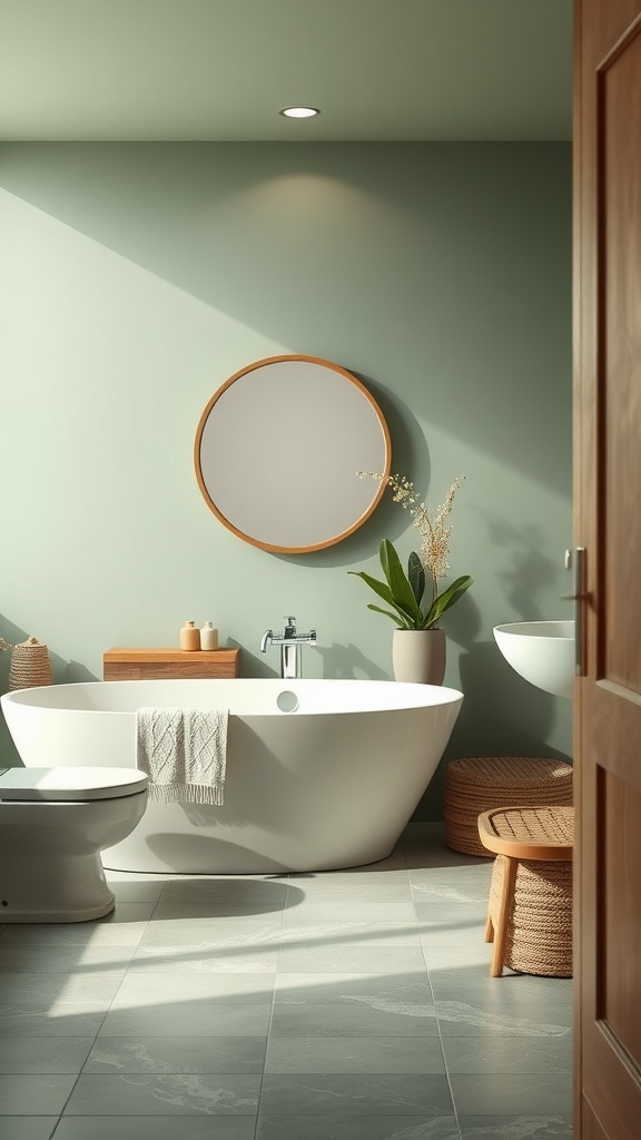 A serene bathroom featuring sage green walls, natural wood accents, and a freestanding tub.