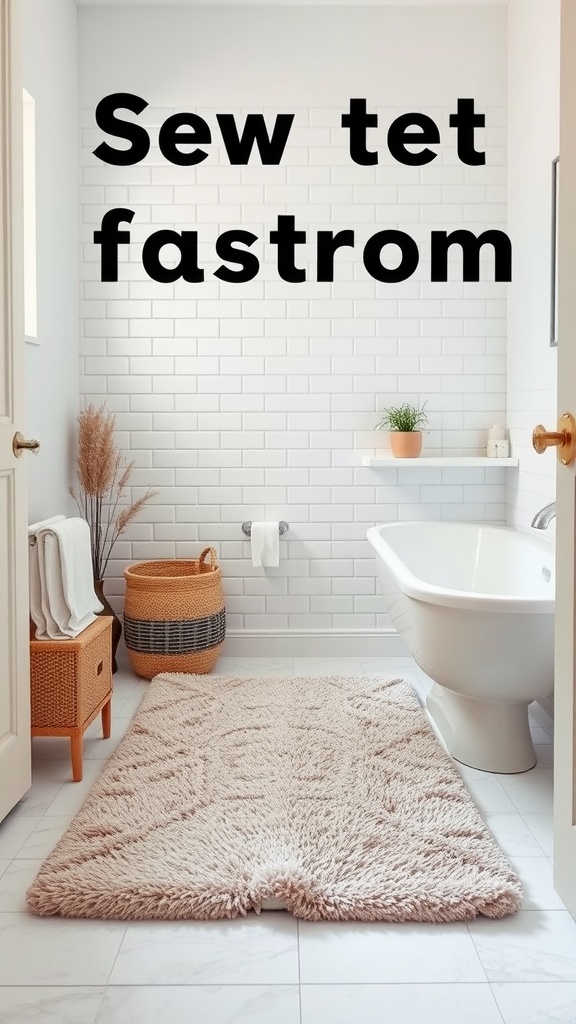 A stylish bathroom featuring a soft area rug, white tiles, and a cozy atmosphere.