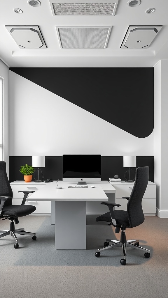 Modern office with black and white accent wall and minimalistic décor