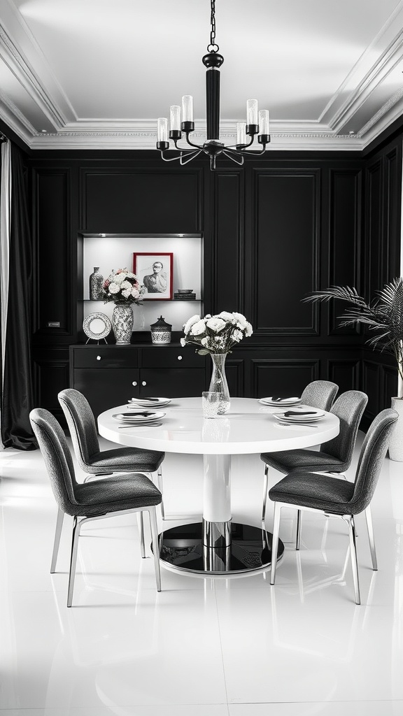 A sophisticated dining room featuring a white table, black walls, and elegant decor.