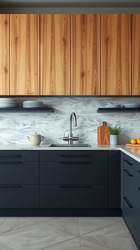 A modern kitchen featuring two-toned cabinets with maple upper cabinets and charcoal lower cabinets.