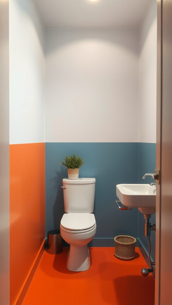 A brightly colored bathroom featuring color blocking in orange and blue.