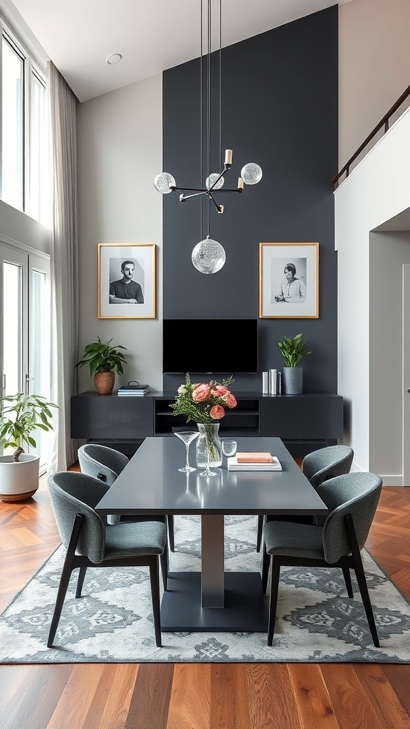 Cozy living room dining room combo with dark gray walls, modern furniture, and stylish decor.