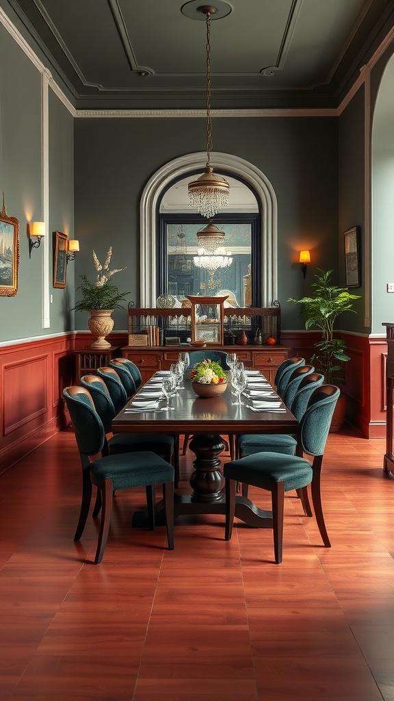 Luxurious Italian dining room featuring deep green walls, dark wooden floor, elegant chandelier, and dark teal chairs around a large table.