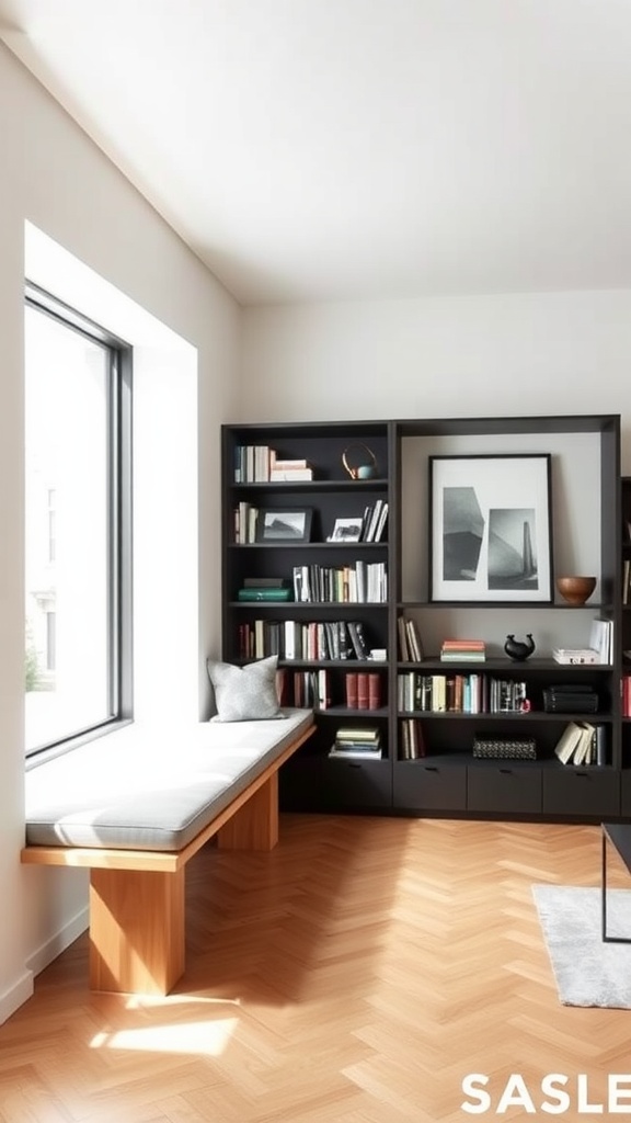 A contemporary home library featuring a window seat and black bookshelves.