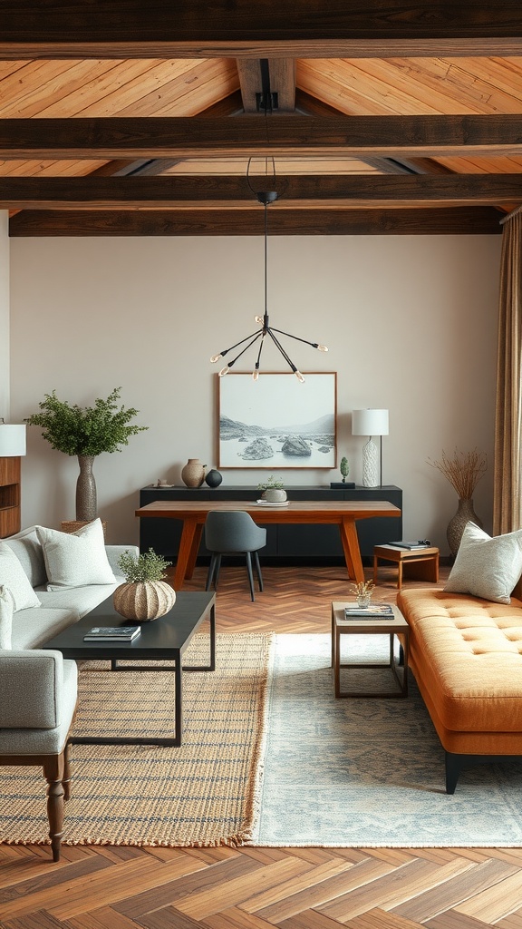 Cozy living room and dining room combo with earthy tones and modern furniture.