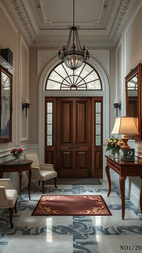 Sophisticated entryway featuring a wooden door, chandelier, and elegant decor.