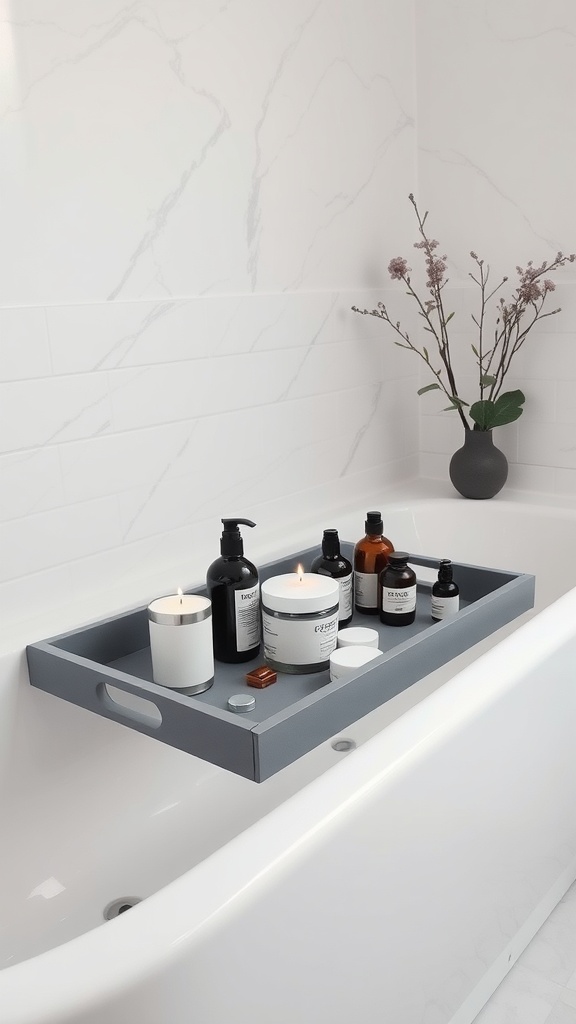 A gray bathtub tray with candles and skincare products on a white bathtub