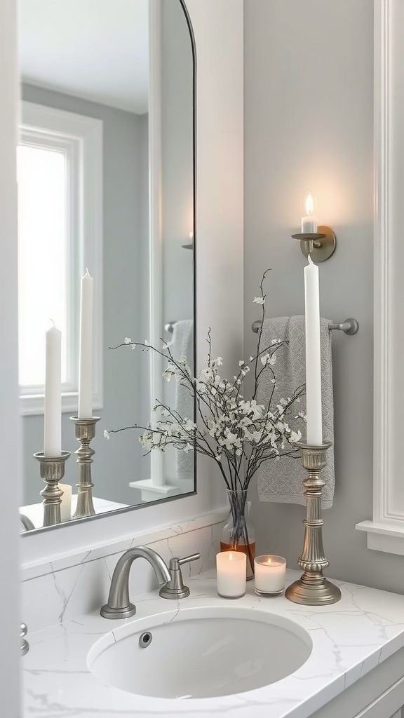A beautifully designed bathroom featuring sophisticated gray candle holders.