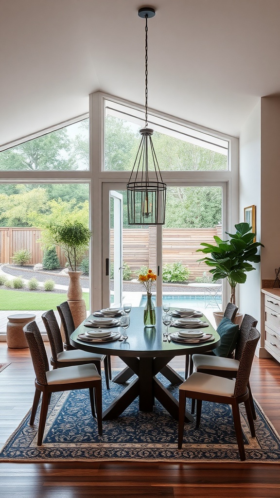 A chic dining room with large windows, a round table set for dinner, and views of the garden.