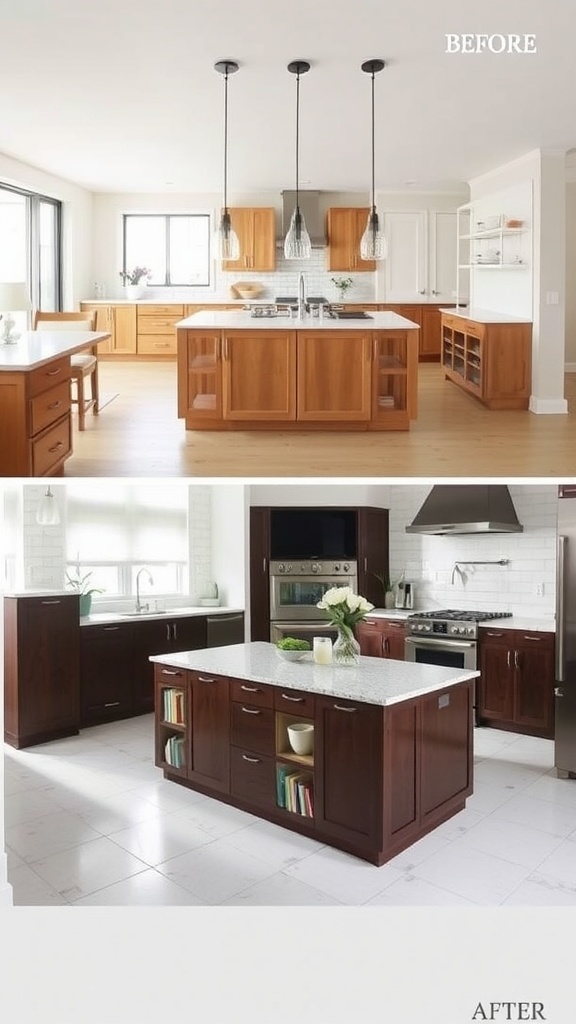 Before and after kitchen remodel images showing a transformation of the kitchen island.