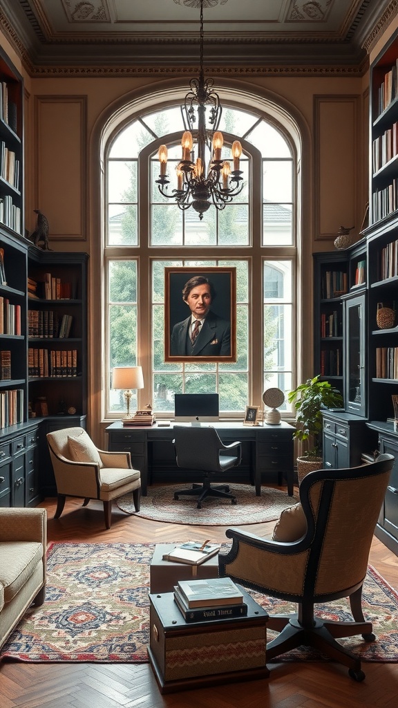 A sophisticated library office featuring dark wooden shelves filled with books, elegant furniture, and a large window with natural light.