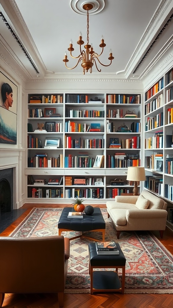 A sophisticated home library with bookshelves, a chandelier, and cozy seating.