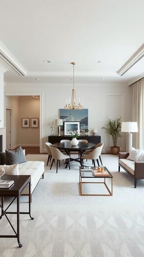 A stylish living room-dining room combo featuring neutral tones, elegant furniture, and a light, airy atmosphere.