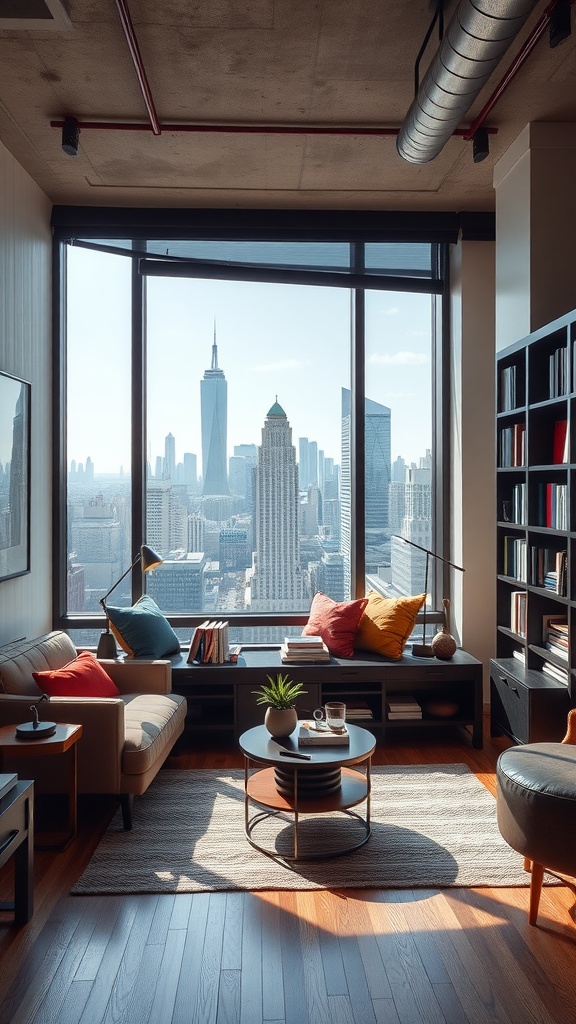 A sophisticated urban loft with large windows, city views, and a cozy reading nook featuring a sofa, books, and decorative accents.