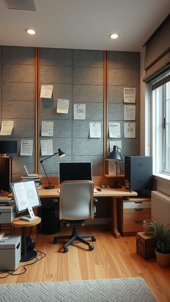 A modern home office with soundproofing features, showcasing a clean desk, textured wall panels, and a cozy rug.