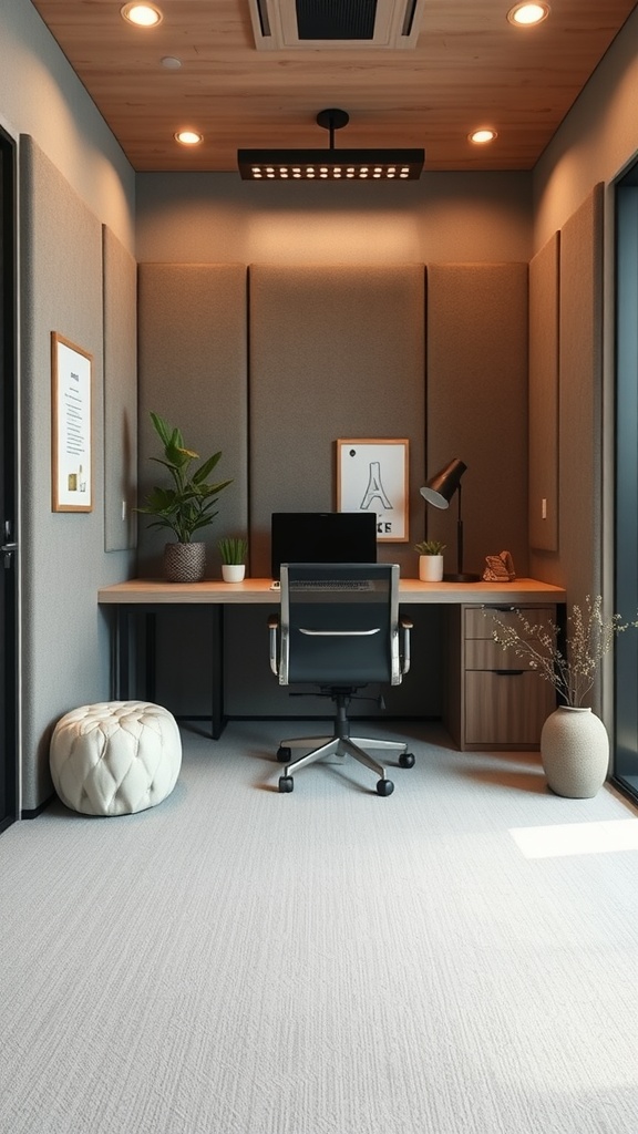 Modern tiny home office with soundproofing panels and stylish decor