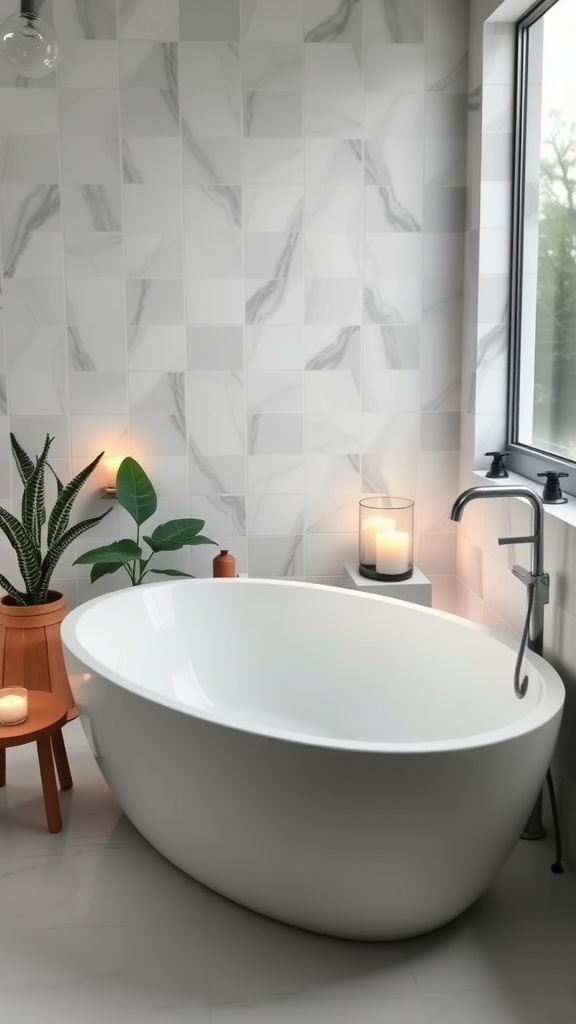 A modern spa-inspired bathroom featuring a freestanding tub, marble tiles, and candles.