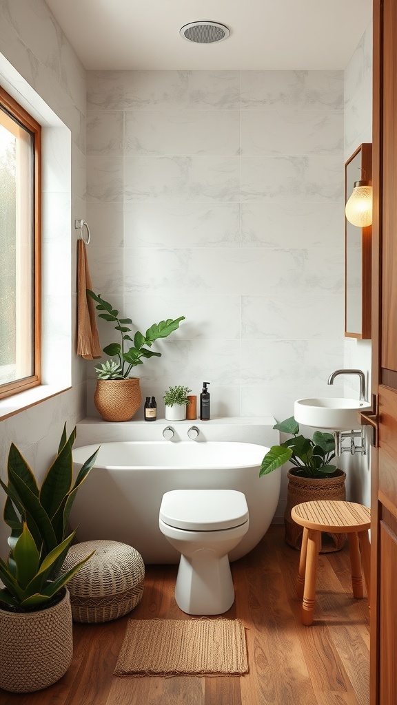 A spa-inspired guest bathroom featuring natural elements like plants, warm wood tones, and a relaxing bathtub.