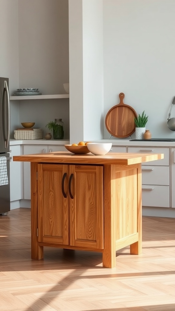 A small wooden foldable kitchen island in a modern kitchen, featuring a simple design and warm wood tones.