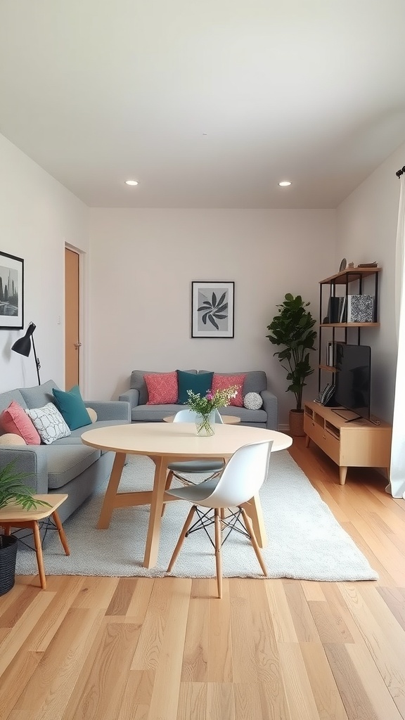 A cozy living room-dining room combo featuring a round table, sectional sofa, and decorative elements.