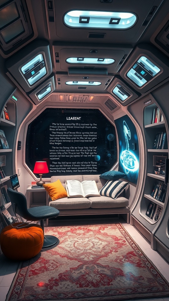 A cozy reading nook designed like a space capsule with a couch, book, and starry background.