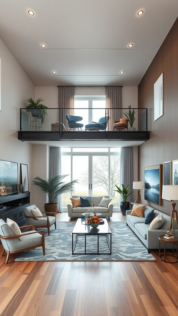 A split-level living room with a cozy seating area and a balcony above, showcasing a modern and inviting design.