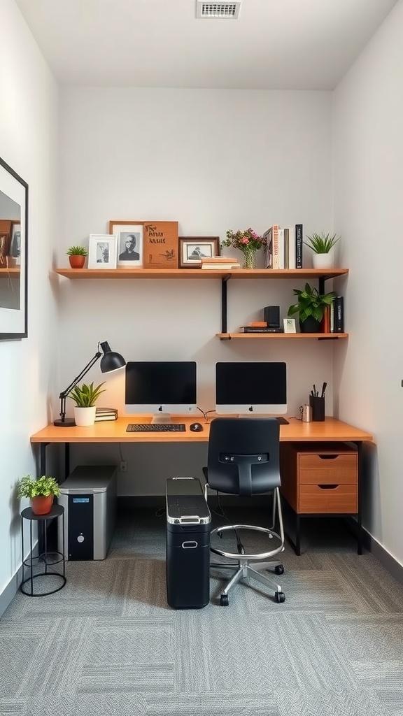 A split-level double desk setup with two monitors, a chair, and decorative shelves.