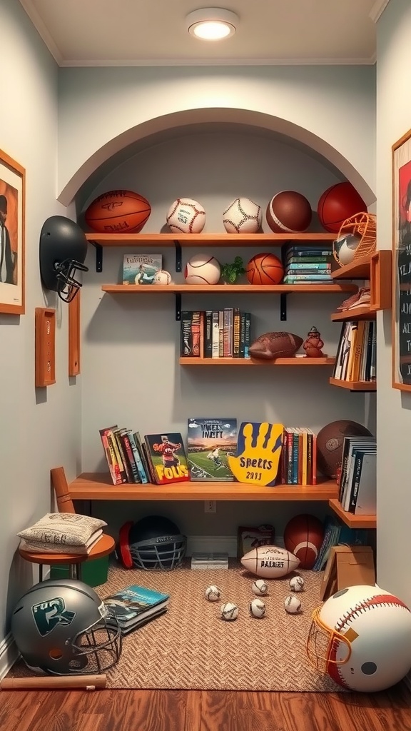 A cozy reading nook with sports equipment and books for kids