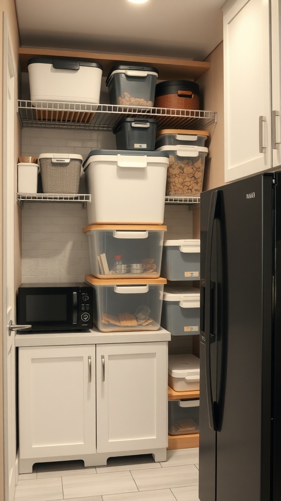 Organized small apartment kitchen storage with stacked clear bins and open shelving.