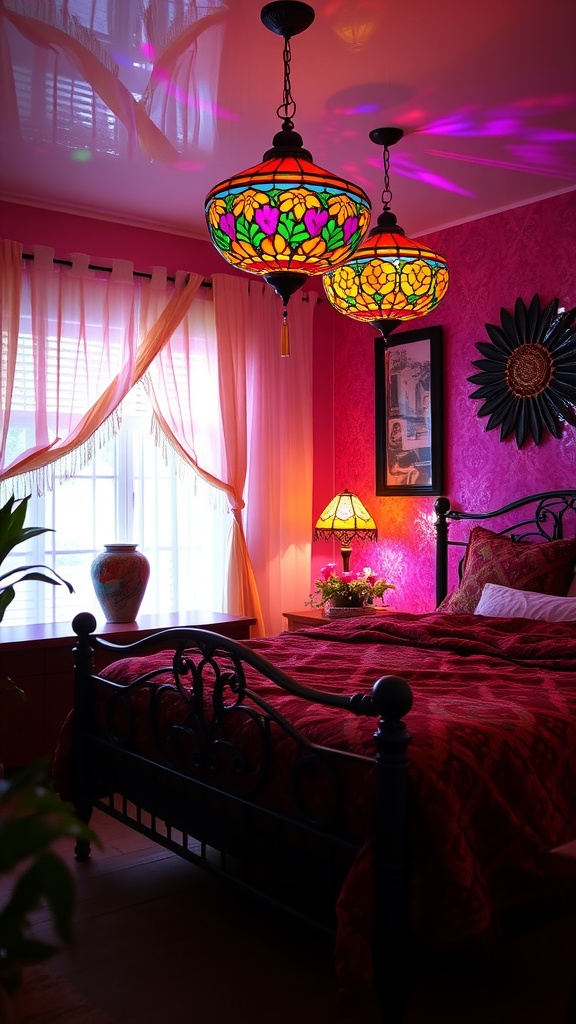 A cozy boho bedroom featuring stained glass light fixtures and colorful decor.