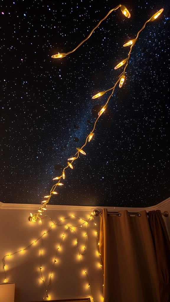 A ceiling decorated with starry design and warm yellow fairy lights.