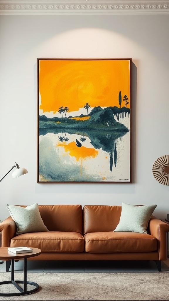 A brown couch in a living room with a vibrant abstract artwork above it, featuring yellow and green tones.