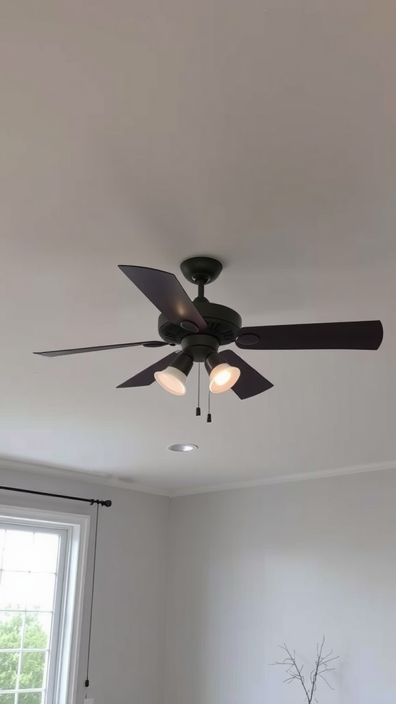 A ceiling fan with light fixtures installed in a room with low ceilings.