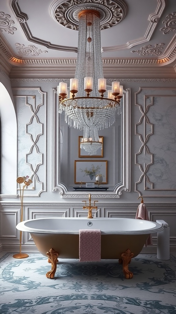 A luxurious bathroom featuring a stunning chandelier with cascading crystals, a vintage bathtub, and elegant decor.