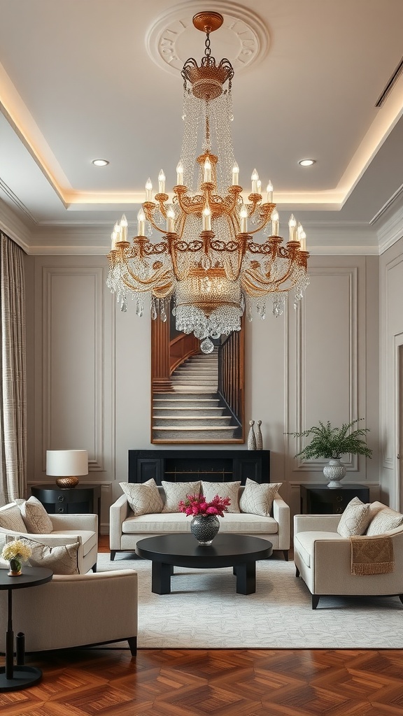 Elegant chandelier hanging in a stylish living room with neutral furniture and wooden flooring.