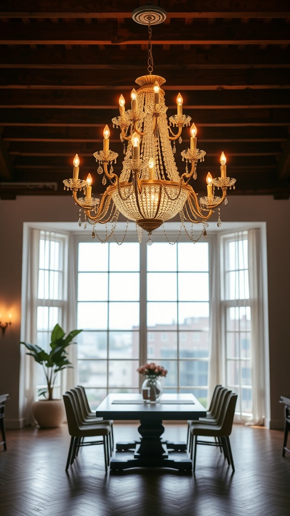 An elegant chandelier hanging over a dining table in a spacious room with large windows.