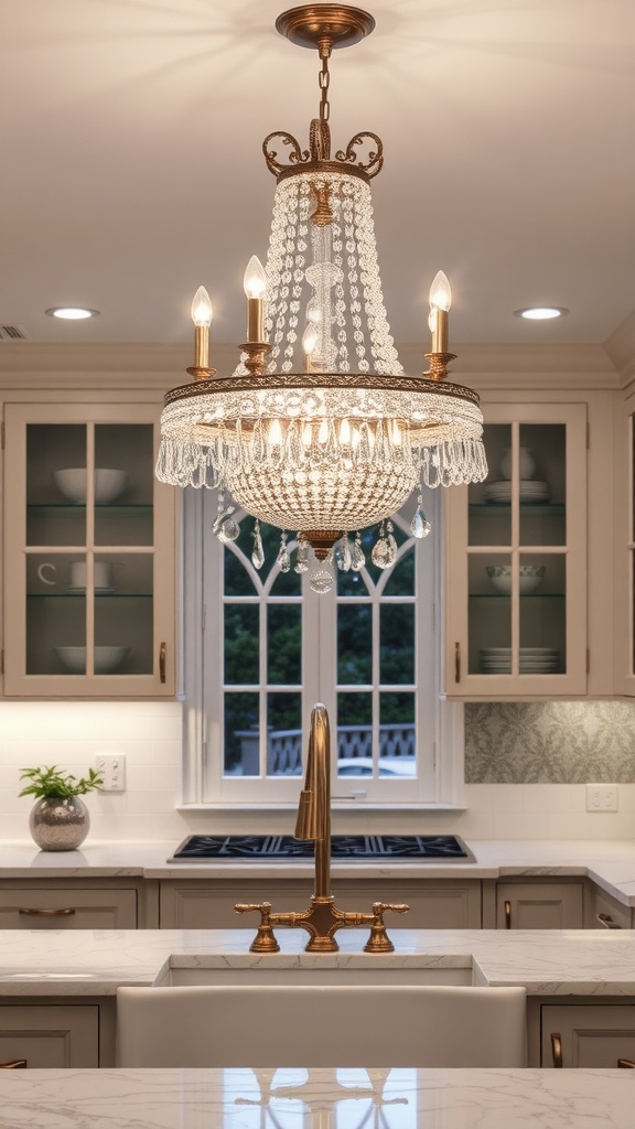 An elegant chandelier with crystal accents hanging above a sink in a modern kitchen.