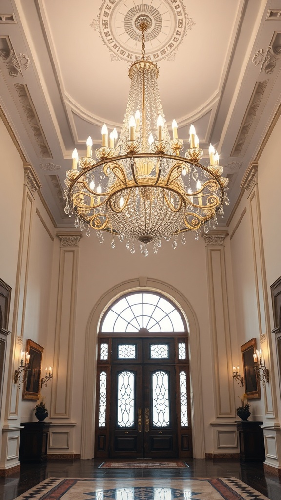 An elegant chandelier in a spacious entrance hall with large doors and decorative walls.