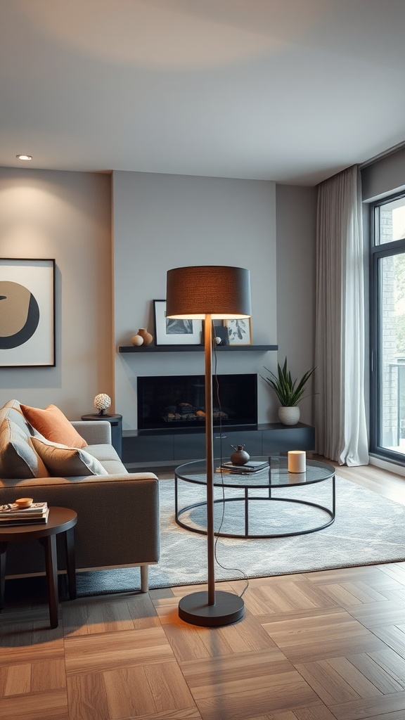 A stylish living room featuring a statement floor lamp, modern furniture, and a cozy atmosphere.