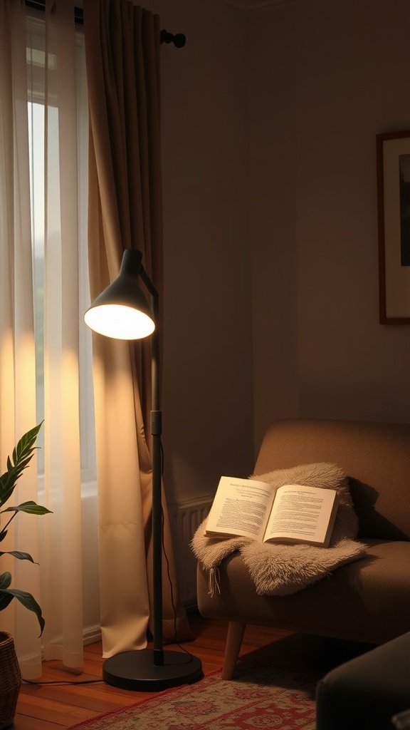 A modern black floor lamp illuminating a cozy reading corner with a book on a sofa.
