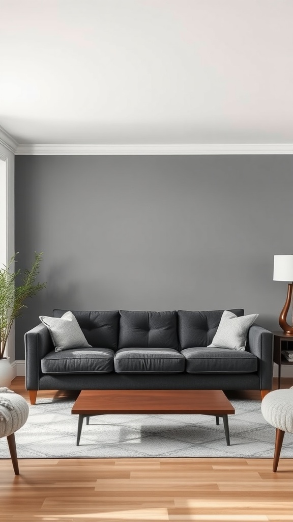 Modern farmhouse living room with a grey accent wall and cozy furnishings.