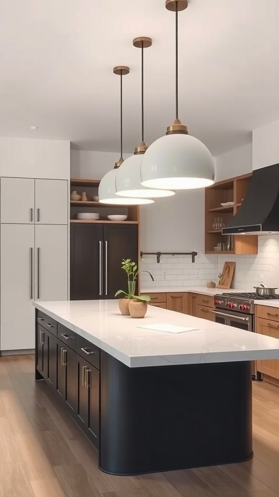 Modern kitchen with three large pendant lights over an island