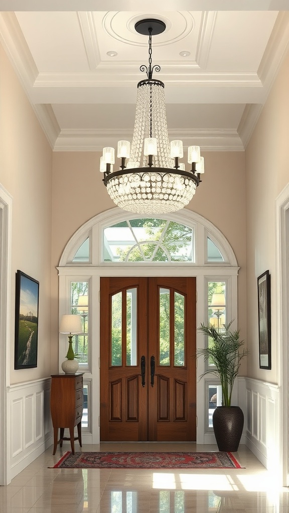 An elegant chandelier hanging in a well-lit entryway with wooden doors and decorative elements.