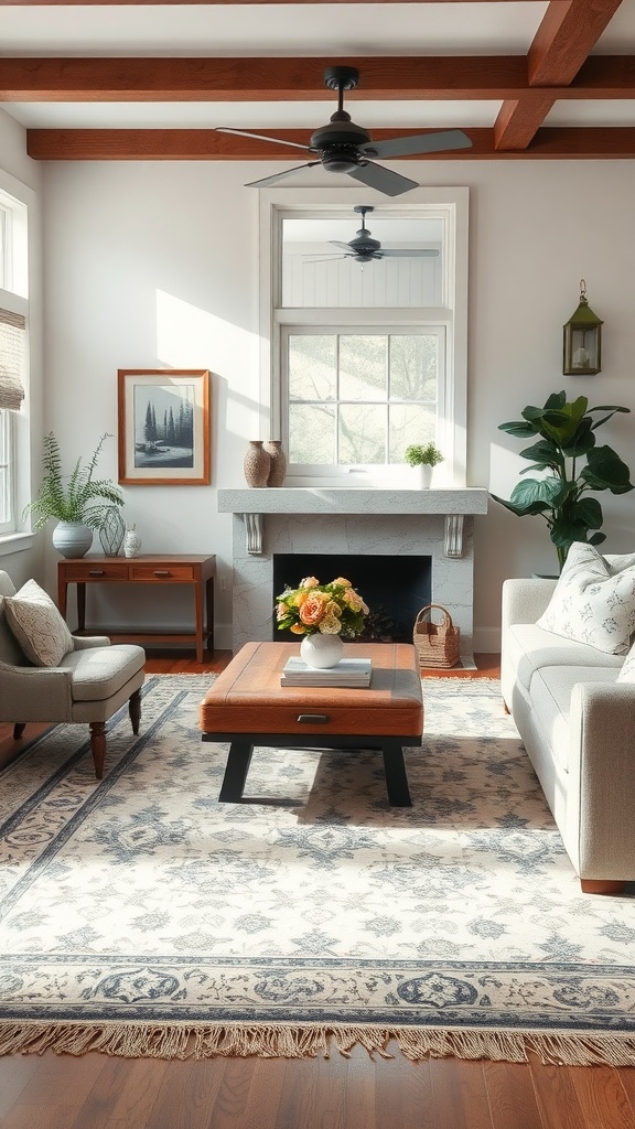 A cozy modern farmhouse living room featuring a statement area rug under a wooden coffee table, with soft furnishings and natural light.