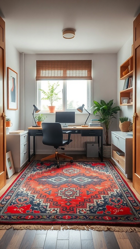 A stylish small home office with a vibrant statement rug, desk, and plants.