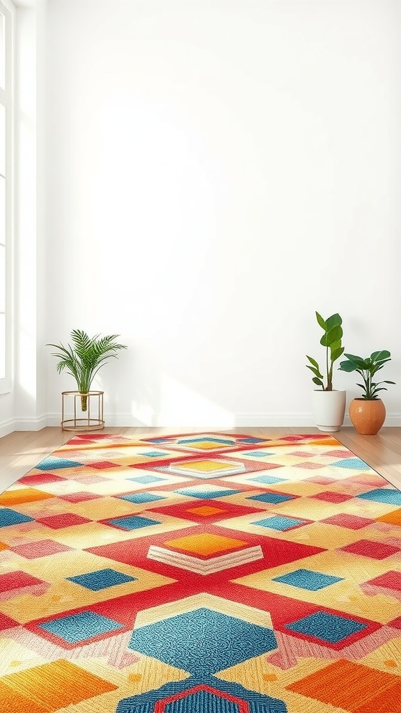 Vibrant geometric rug in a bright room with plants.