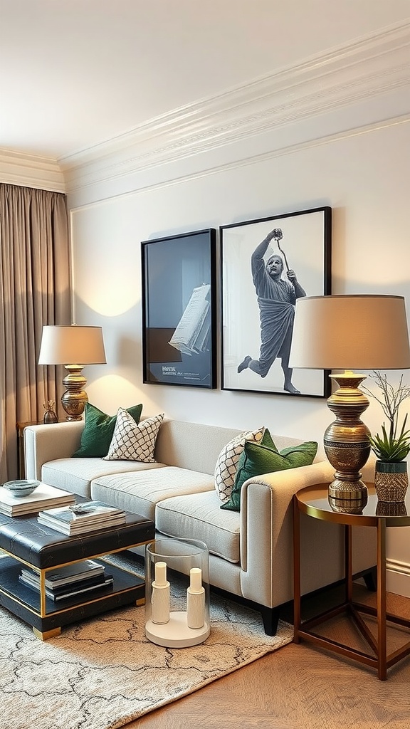 A modern living room featuring stylish table lamps, a light-colored sofa with decorative pillows, and black and white artwork on the wall.