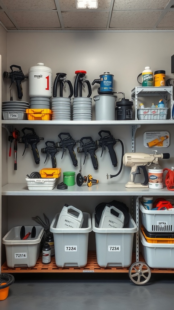 A well-organized storage area with paint sprayers, containers, and tools on shelves.