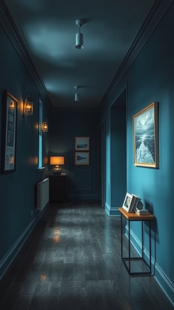 A dimly lit hallway painted in stormy sky blue-gray with warm light fixtures